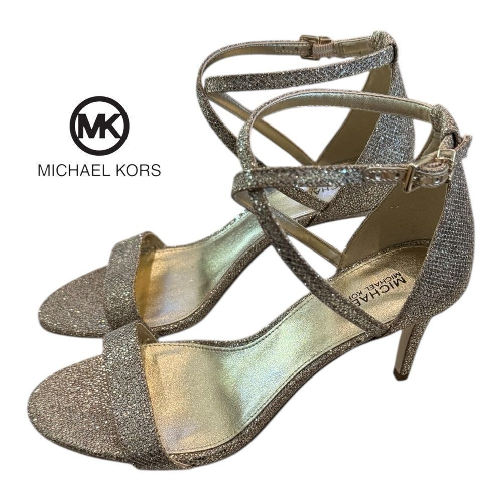 New Michael Michael Kors Sand Gold Glitter Mesh Ava Women’s Heels 8